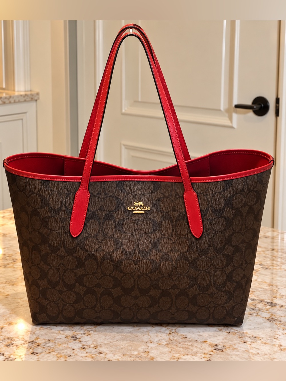Coach City Tote in Signature Canvas Shoulder Bag - Gold/Brown 1941 Red (5696)